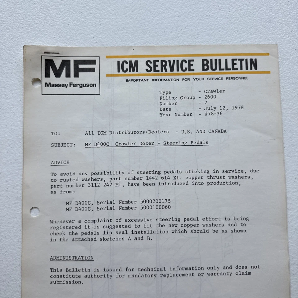 1978 Massey Ferguson MF D400C Crawler Dozer Steering Pedal ICM Service Bulletin - Image 2 of 4