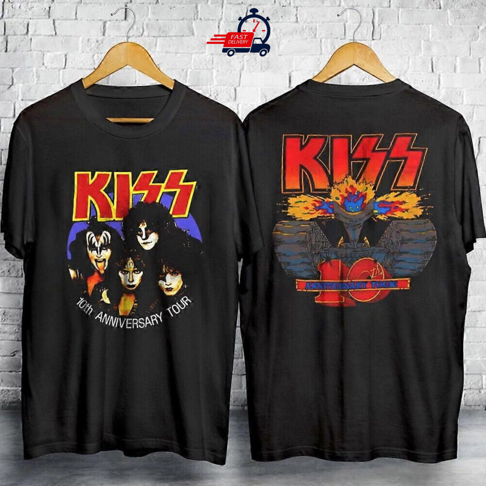 Camiseta de Colección KISS 10º Aniversario Tour Negra Doble Cara Reimpresión Regalo para Fans