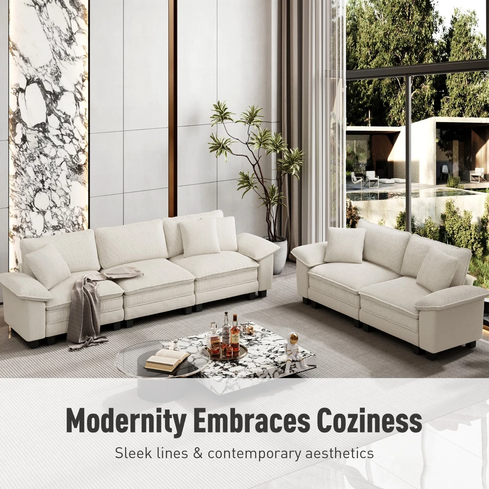 Modular Sectional Sofa Corduroy & Chenille Cloud Couch with Chaise and Cushion~ - Image 2 of 4