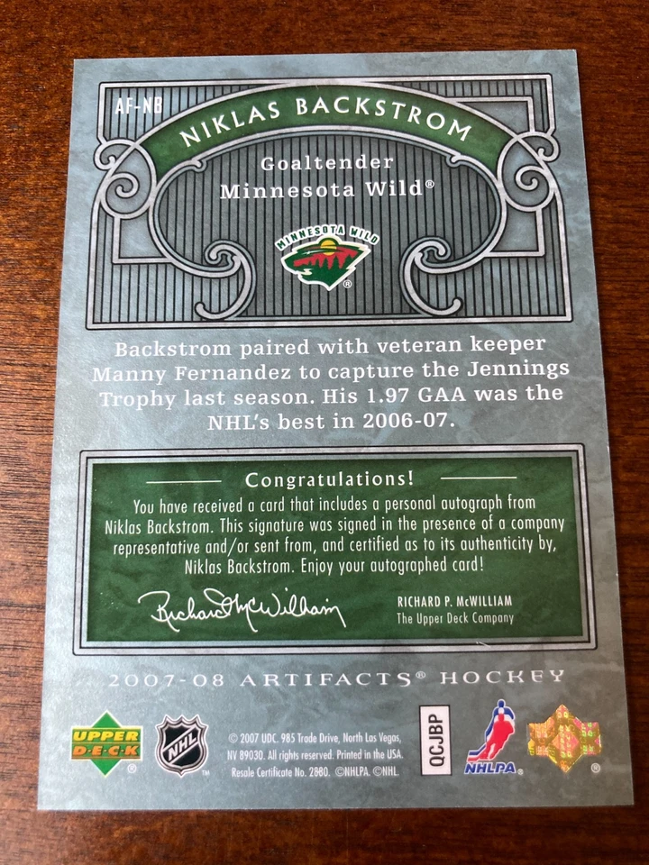 2007-08 Niklas Backstrom Auto Autograph. - Image 2 of 2