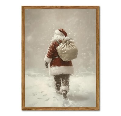 Framed Vintage Christmas Canvas Wall Art, Rustic Santa Claus Walking Snowy Wa...