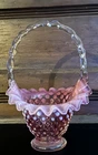 Vintage Fenton Art Glass Cranberry Opalescent Hobnail Basket 40s-50s Ruffled Rim
