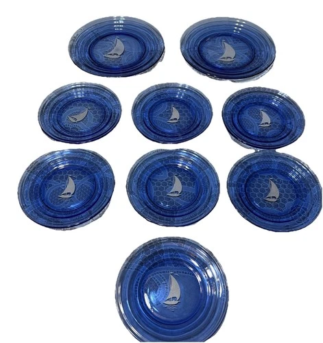 2 Hazel Atlas Sportsman Series White Ships Sailboat Cobalt Blue & 7 Bread plate