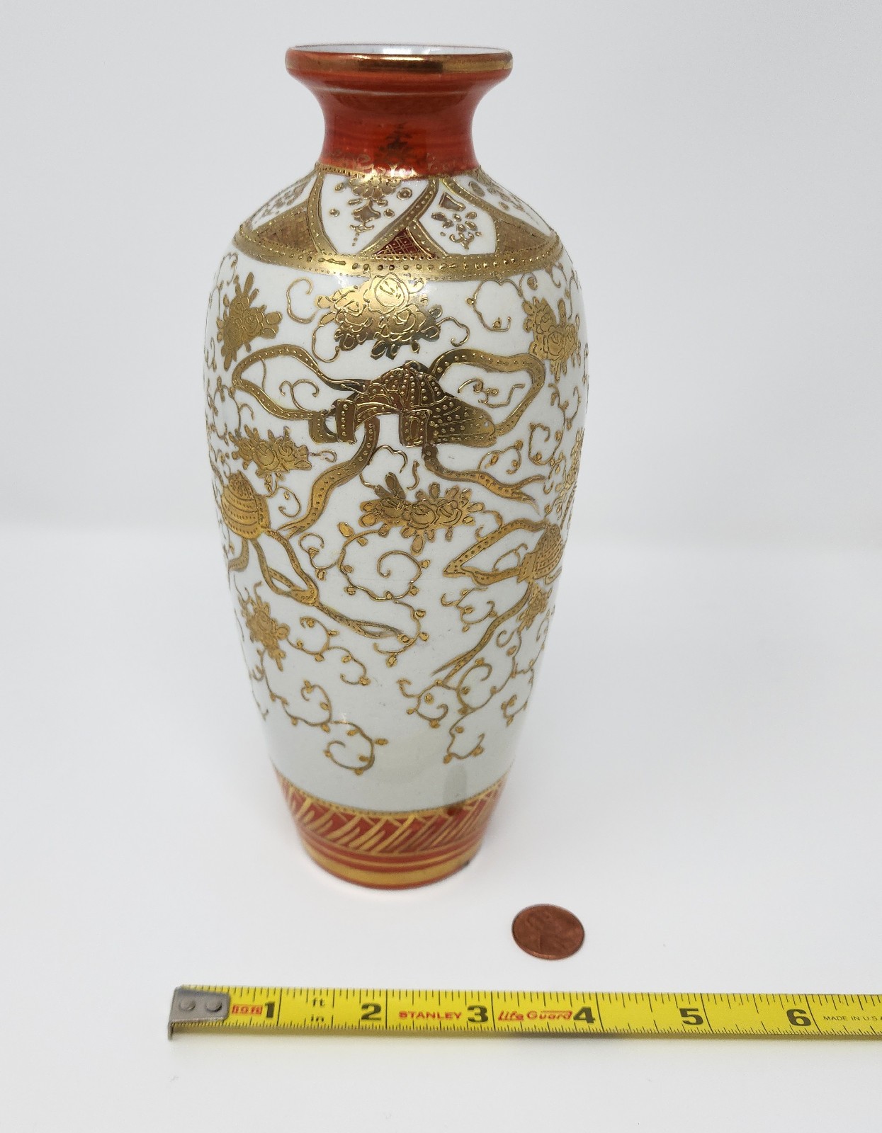Antique Japanese Kutani Porcelain Kabuto Samurai Helmet Ribbon Vase Gold Moriage