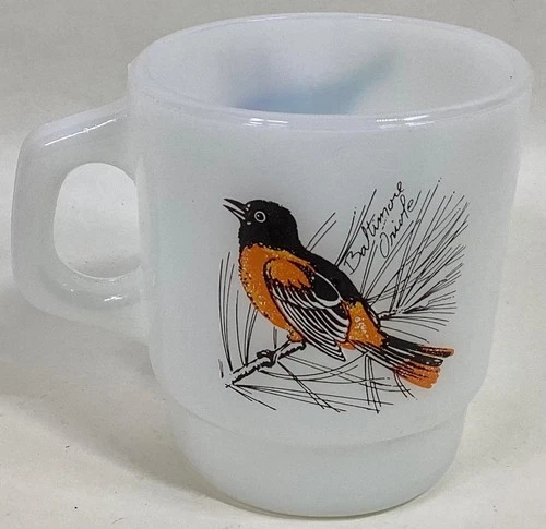 vintage FIRE-KING Cardinal Oriole Milk Glass handled MUG 2pix