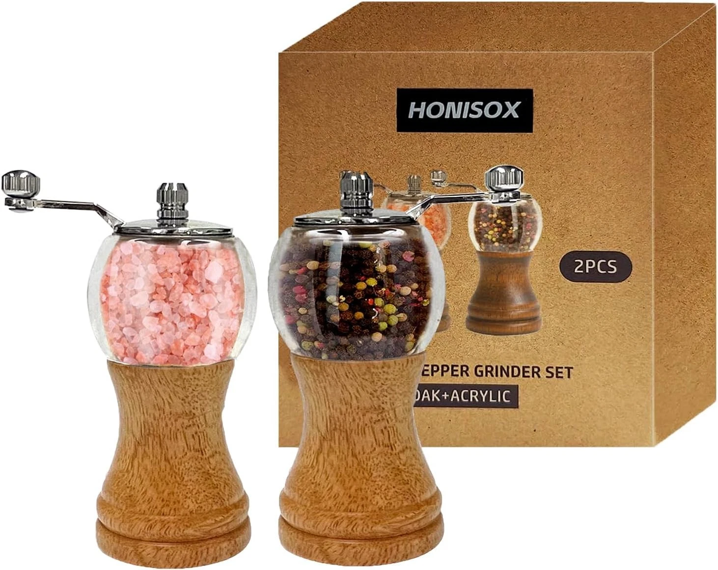 Wooden Acrylic Grinder Set, Hand Crank Salt and Pepper Mill with HX-5IN-Wood