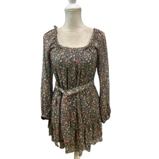 American Rag Cie Dress Womens S Green Floral Belt Scarf Ruffled Sleeves Lined