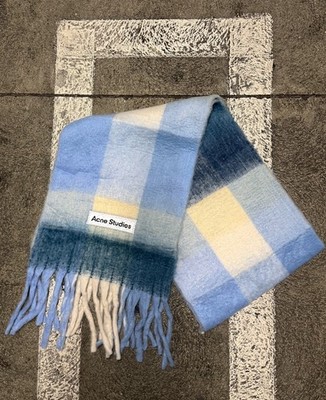 Acne Studios Wool Knit Checkered Scarf Blue White  