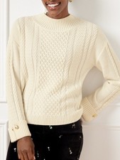 Talbots button cuff cable knit sweater cream size Small