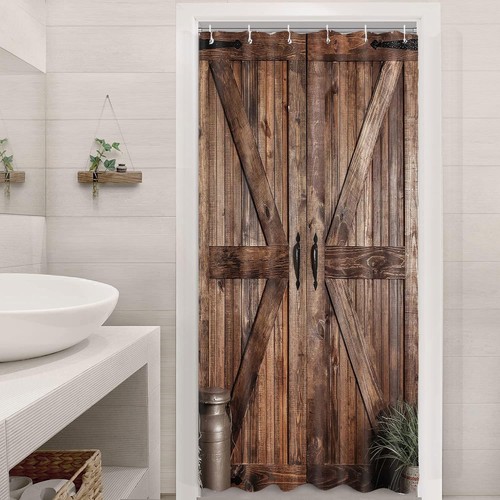 Small Size Rustic Barn Door Shower Curtain for Bathroom, Countryside Wood Boa...