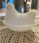 Vintage Hazel Atlas White Milk Glass Chicken / Hen On Nest Covered Small Dish