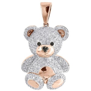 Authentic Lab Created Diamond Teddy Bear Pendant 14K Rose Gold Plated Round Pave 3D Charm