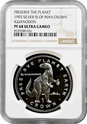 Isle of Man 1 Crown 1993, NGC PF68 UC, "Preserve the Planet Iguanodon" Top Pop - Bild 1 von 4
