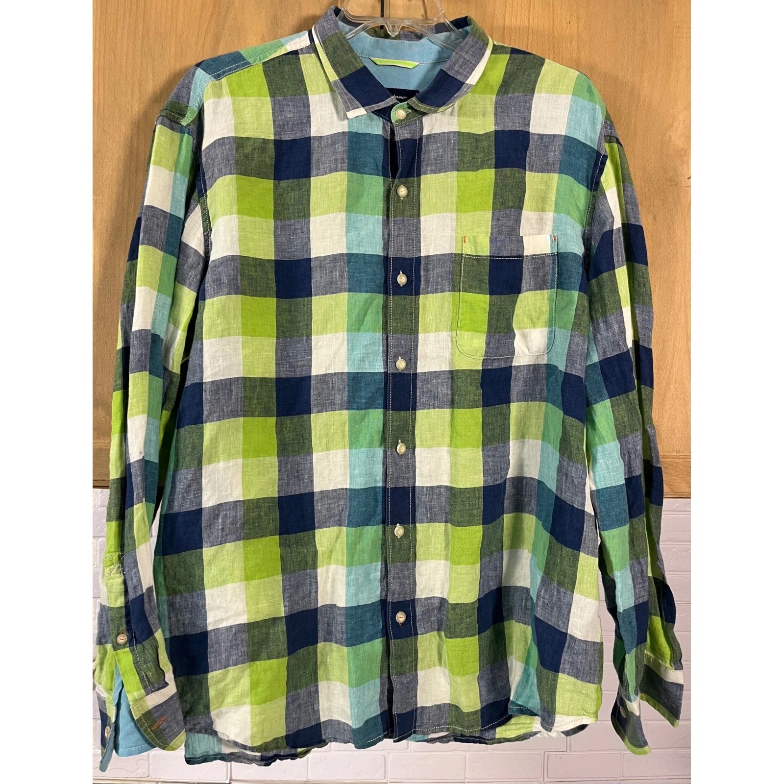 Tommy Bahama Button Down Mens XXL Green Plaid 100% Linen Long Sleeve