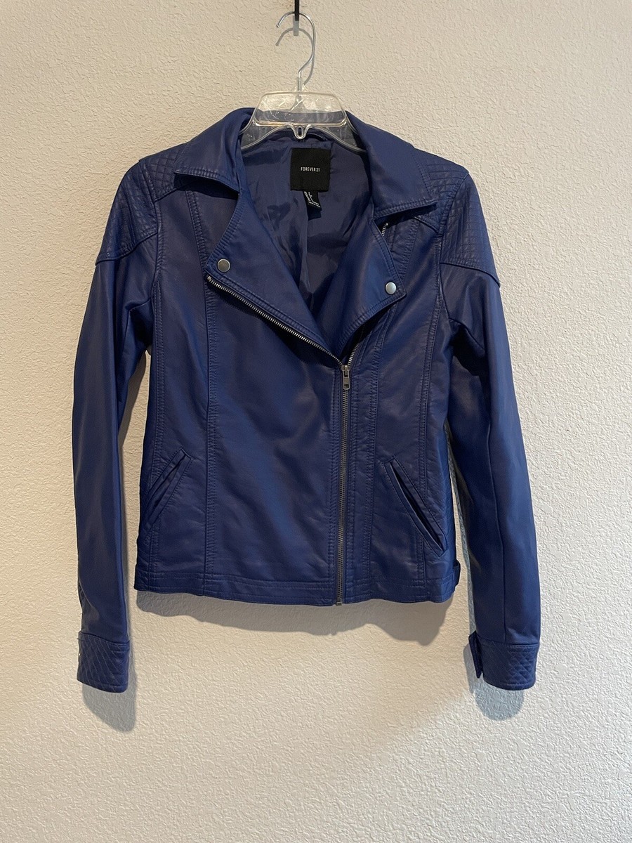 Forever 21 Kobalt Blue Faux Leather Moto Motorcycle Biker Jacket Size Small