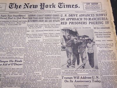 1950 OCT 24 NEW YORK TIMES - U. N. DRIVE ADVANCES SLOWLY TO MANCHURIA - NT 4638