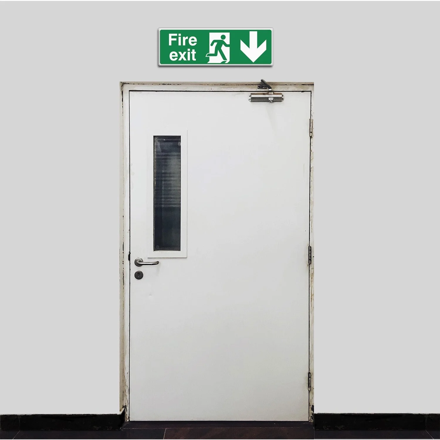 Fire Exit Sign - Arrow Down - 450x150mm - Self Adhesive Vinyl