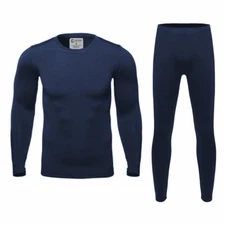 Mens Ultra-Soft Fleece Lined Thermal Base Layer Top & Bottom Set - Navy Blue, L