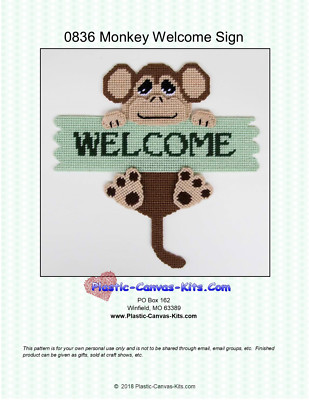 Monkey Welcome Sign- Plastic Canvas Pattern or Kit