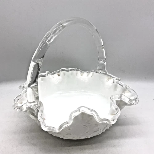 Fenton Silver Crest Spanish Lace Basket with Clear Handle Milk Glass Vintage