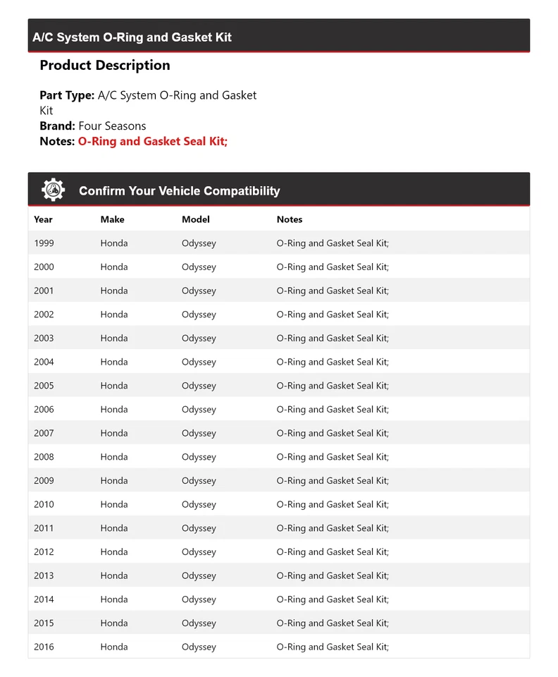 Комплект уплотнительных колец и прокладок для системы кондиционирования Honda Odyssey 1999-2016 годов выпуска 4 сезона 2000 2001 - Изображение 2 из 4