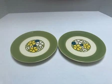 Vintage Homer Laughlin Mod Flower 1970 Green Mid Century 7" Salad Plates RARE