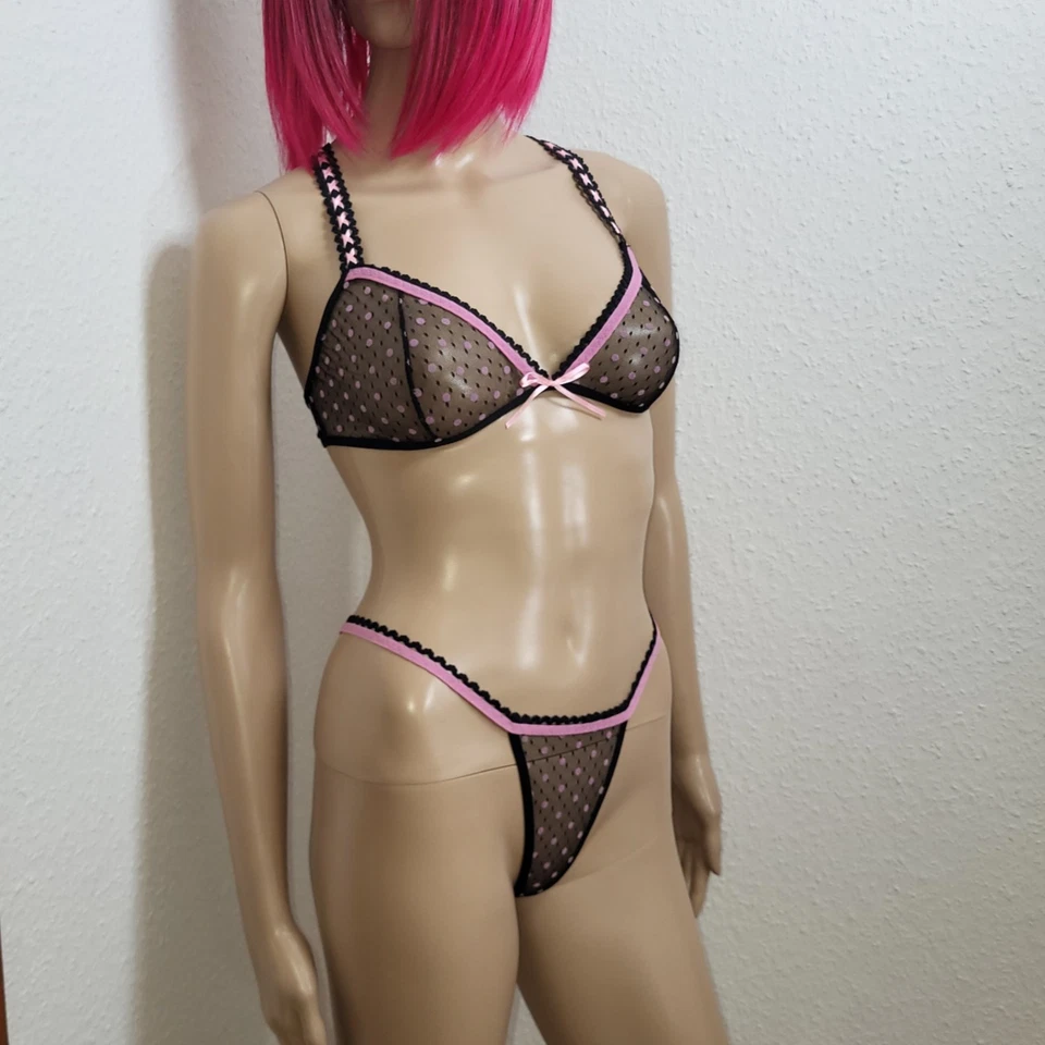 Leg Avenue Dessous BH Tanga Set schwarz-pink S M 36 38 40 string mesh damen neu - Bild 4 von 4