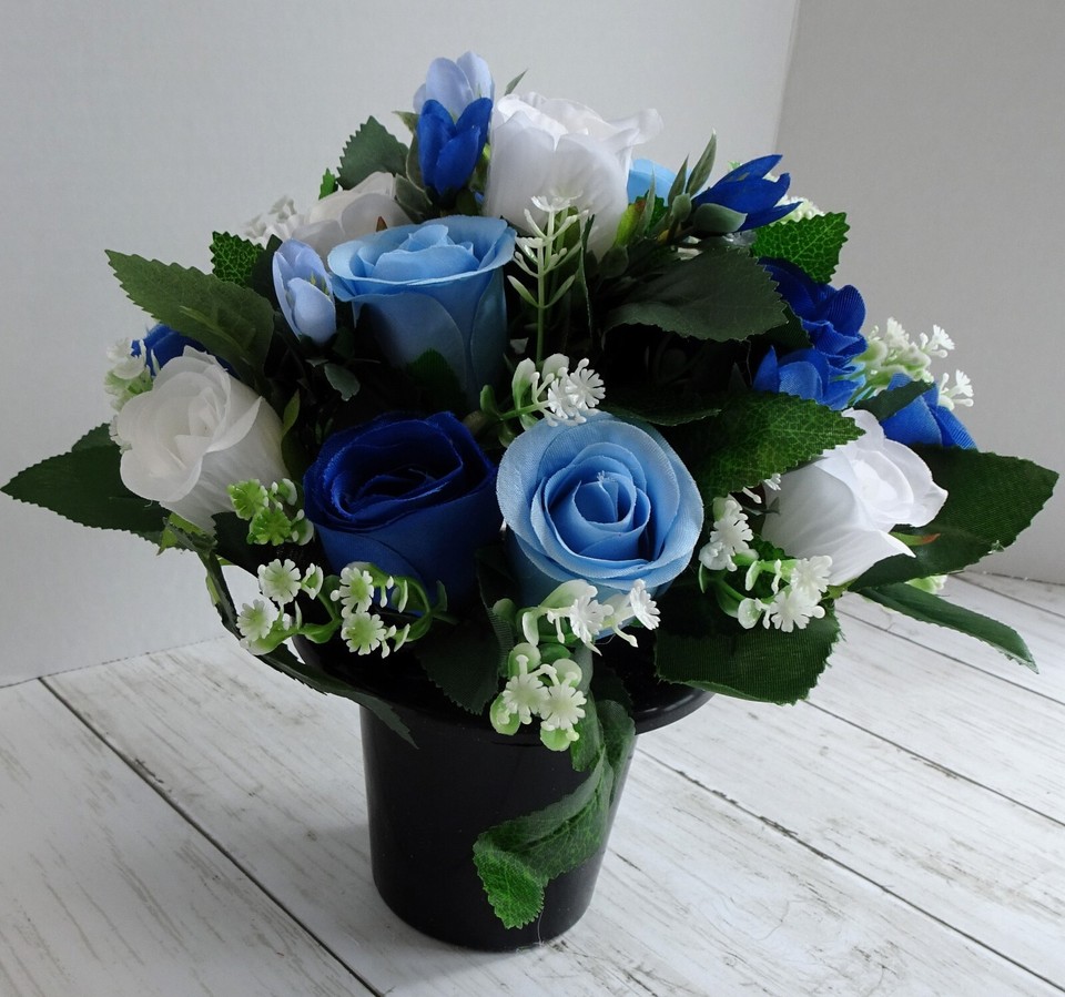 Father's Day Blue Artificial Silk Flowers Grave/Crem Pot Memorial