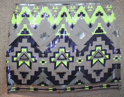 Express Pencil Skirt Sequin Fitted Above Knee Geometric Tribal Black Green  Small