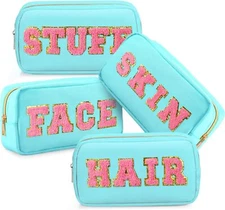 Remerry 4 Pcs Nylon Cosmetic Bag Travel Organizer Chenille Letter Light Blue 