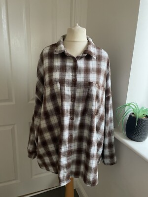 Boohoo EW Brown White Blue Tartan Check Oversized Long Sleeve Shirt Blouse 12