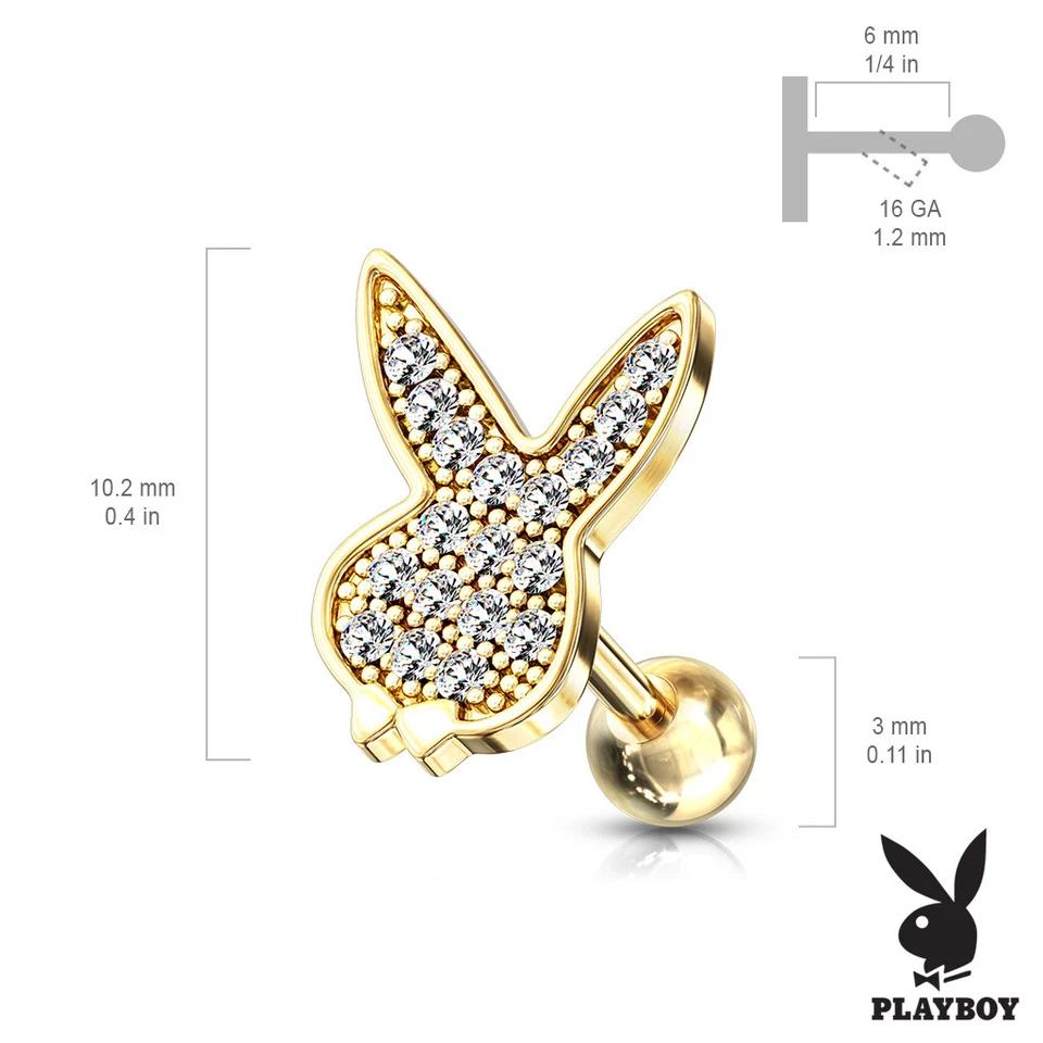 Playboy Bunny Micro CZ Paved Surgical Steel Barbell Studs Ear Cartilage Tragus - Image 2 of 3