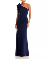 Aqua One Shoulder Gown 14 Navy Ruffled Ruched Stretch Formal Wedding NWT 298