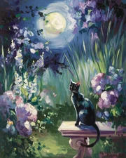 Moonlit Garden with Black Cat | Impressionist Floral Night Scene Museum Art