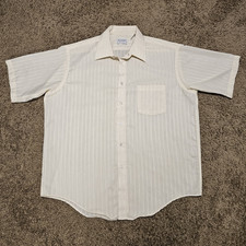 Vtg Manhattan Mens Sz 17 White Striped Button-Up Short Sleeve Shirt Pockets USA