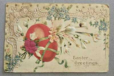 Antique Postcard AS IS Fancy Embossed Easter Greetings Egg With  Flowers HSC 