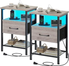 Night Stand Set 2, End Table with Charging Station, LED Bedside Table with Fabri