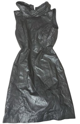Vintage 1970 s Hallhuber Donna  real leather dress retro black   Size 36 