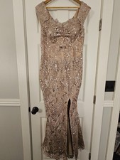 All-over Sequin Mermaid Formal Evening Gown in Champagne, floral  sheer pattern