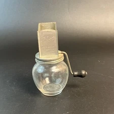 Vtg The Uniform Nut Meat Chopper Wooden handle #5935 Glass Jar Farmhouse Cottage