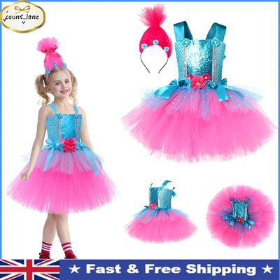 HANDMADE 🔥Girls Trolls Princess Poppy Kids Dress Cosplay Headband Halloween Party Suits