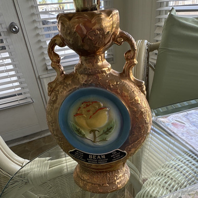 Jim Beam Bourbon Copper Decanter Bottle Gold-Tone Handled Vase Style