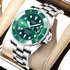 LIGE Mens Wristwatch Luxury Quartz Green Face Waterproof Sports Silver Watch