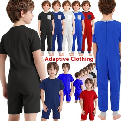Boys Kids Special Needs Adaptive Clothing Anti-Strip Romper Short Leg Jumpsuit