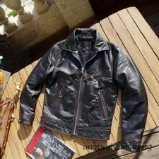 Mens Retro Motorcycle Biker Jacket Tea-Core Horsehide Distressed Vintage Style