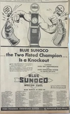 Large 1934 newspaper ad for Blue Sunoco Gas - Sunoco pump punches out other pump