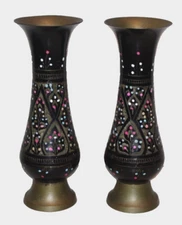 2 etched & painted 9" brass vases colorful flowers Made in Pakistan black lot