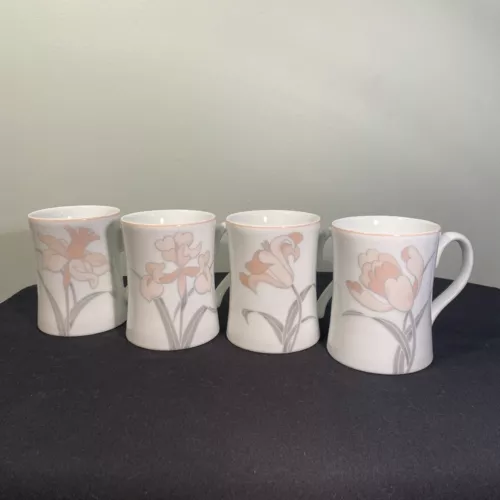 Fitz & Floyd EN FLEUR Coffee Tea Mugs Cups Set of 4 Japan Peach Spring Flowers
