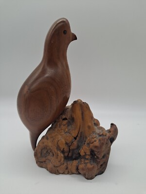 Hand Carved Wooden Quail On Burl Stump