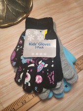 NEW 3 Pack GIRLS Kids Knit Gloves BLACK SPACE, BLUE EXPLORE, SOLID GRAY